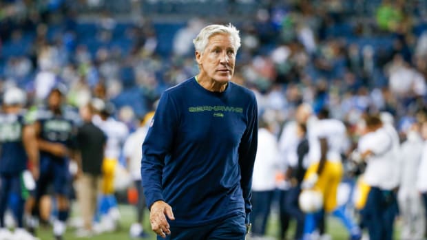 Aug 28, 2021; Seattle, Washington, USA; Seattle Seahawks head coach Pete Carroll walks to the locker room following a 27-0 victory against the Los Angeles Chargers at Lumen Field. Mandatory Credit: Joe Nicholson-USA TODAY Sports